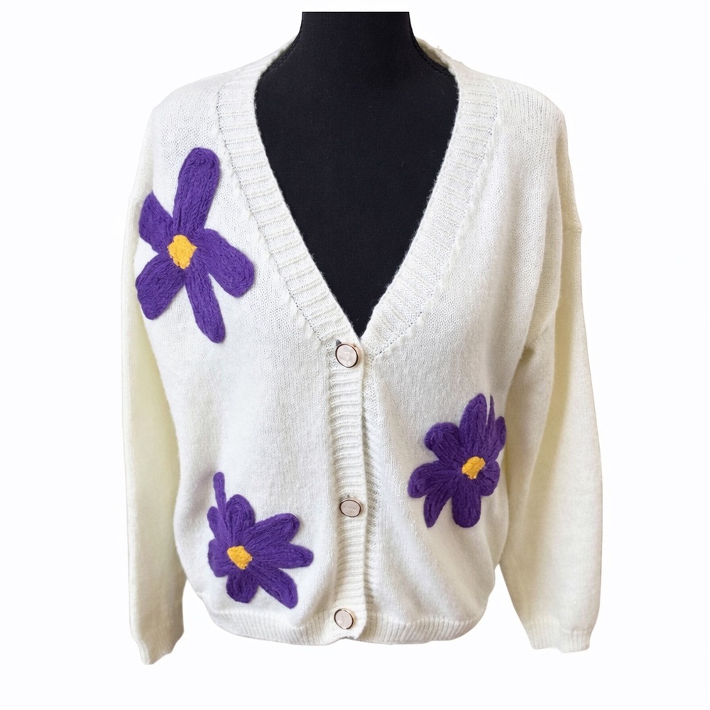 Isabella Cream Knit Cardigan Purple Floral Appliqué Cottagecor